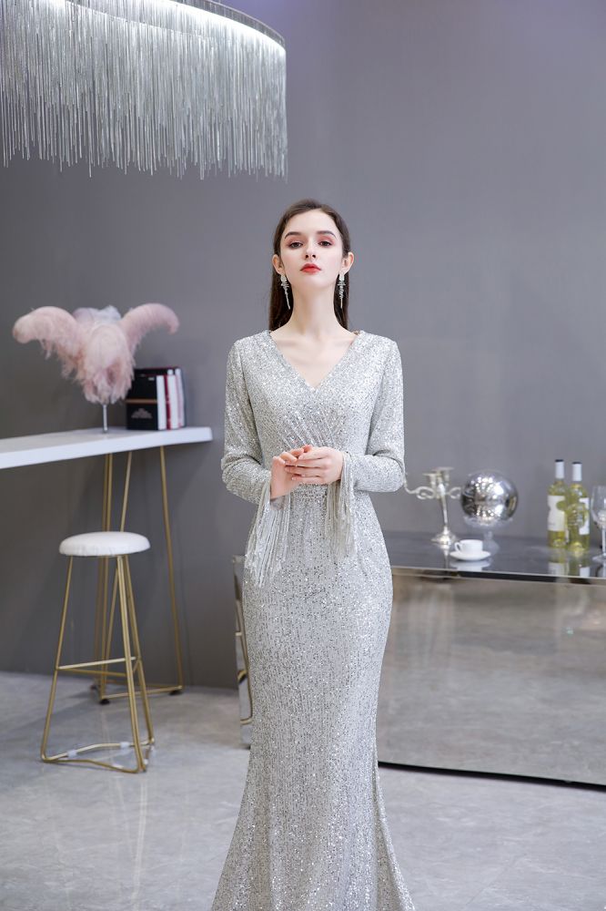 Elegantes Burgunderrotes Cocktailkleid mit V-Ausschnitt und Pailletten im Meerjungfrau-Stil, bodenlang