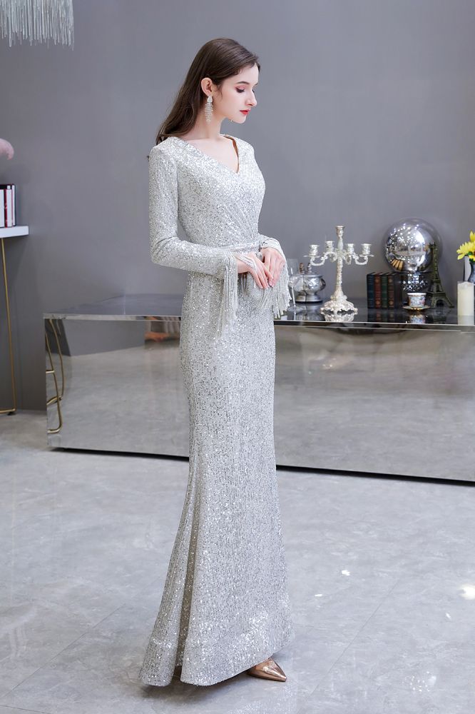 Elegantes Burgunderrotes Cocktailkleid mit V-Ausschnitt und Pailletten im Meerjungfrau-Stil, bodenlang