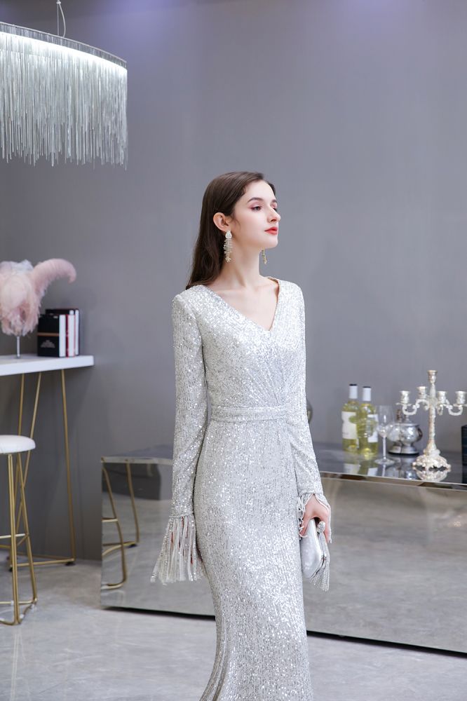 Elegantes Burgunderrotes Cocktailkleid mit V-Ausschnitt und Pailletten im Meerjungfrau-Stil, bodenlang