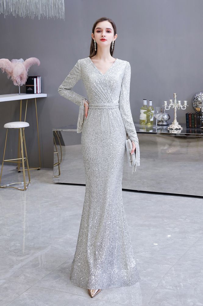 Elegantes Burgunderrotes Cocktailkleid mit V-Ausschnitt und Pailletten im Meerjungfrau-Stil, bodenlang