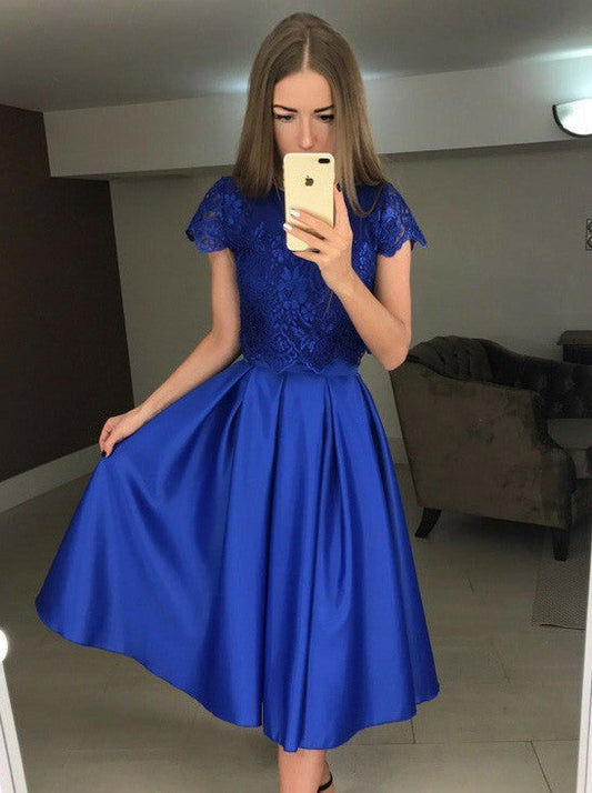 Elegantes kurzes A-Linien-Ballkleid aus Fleckspitze mit Ärmeln
