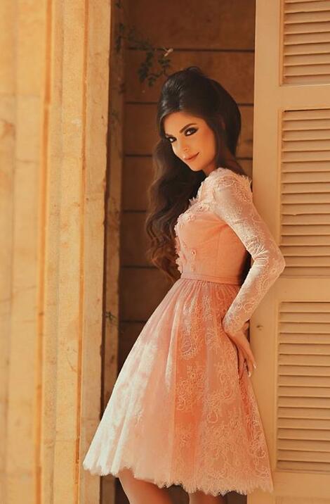 Elegant Short A-line V-neck Lace Prom Dress with Sleeves