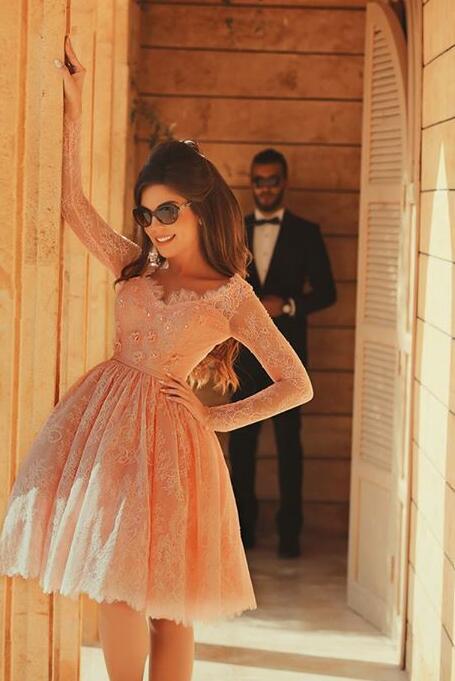 Elegant Short A-line V-neck Lace Prom Dress with Sleeves