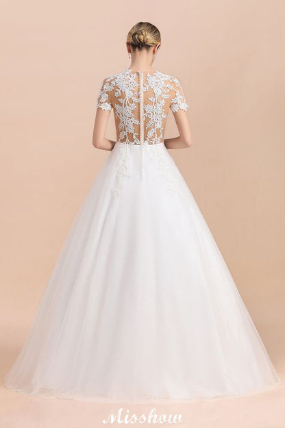 Elegant Short Sleeve Ball Gown White Lace Appliques Wedding Dress