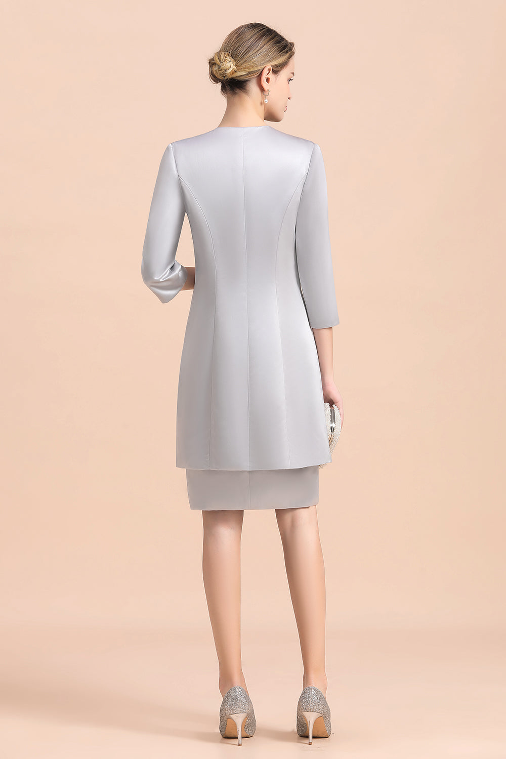 Elegantes silbernes kurzes Kleid für die Brautmutter, knielang, für Hochzeiten