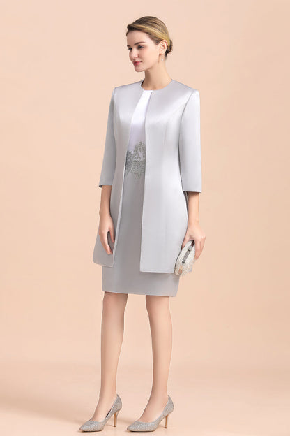 Elegantes silbernes kurzes Kleid für die Brautmutter, knielang, für Hochzeiten