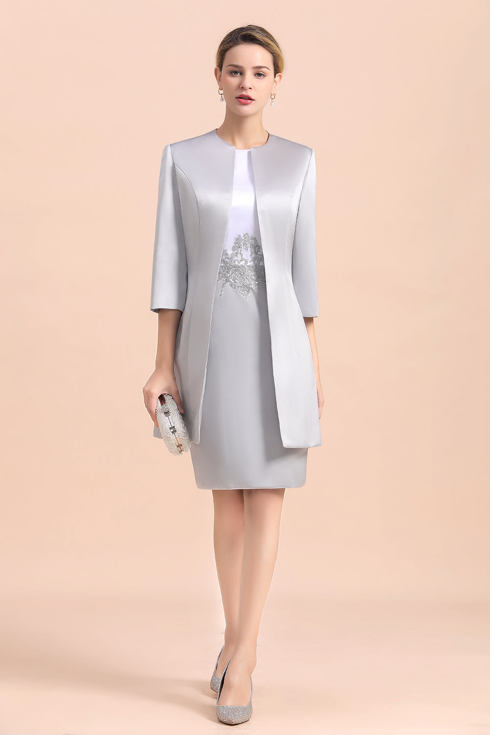 Elegantes silbernes kurzes Kleid für die Brautmutter, knielang, für Hochzeiten