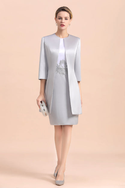 Elegantes silbernes kurzes Kleid für die Brautmutter, knielang, für Hochzeiten