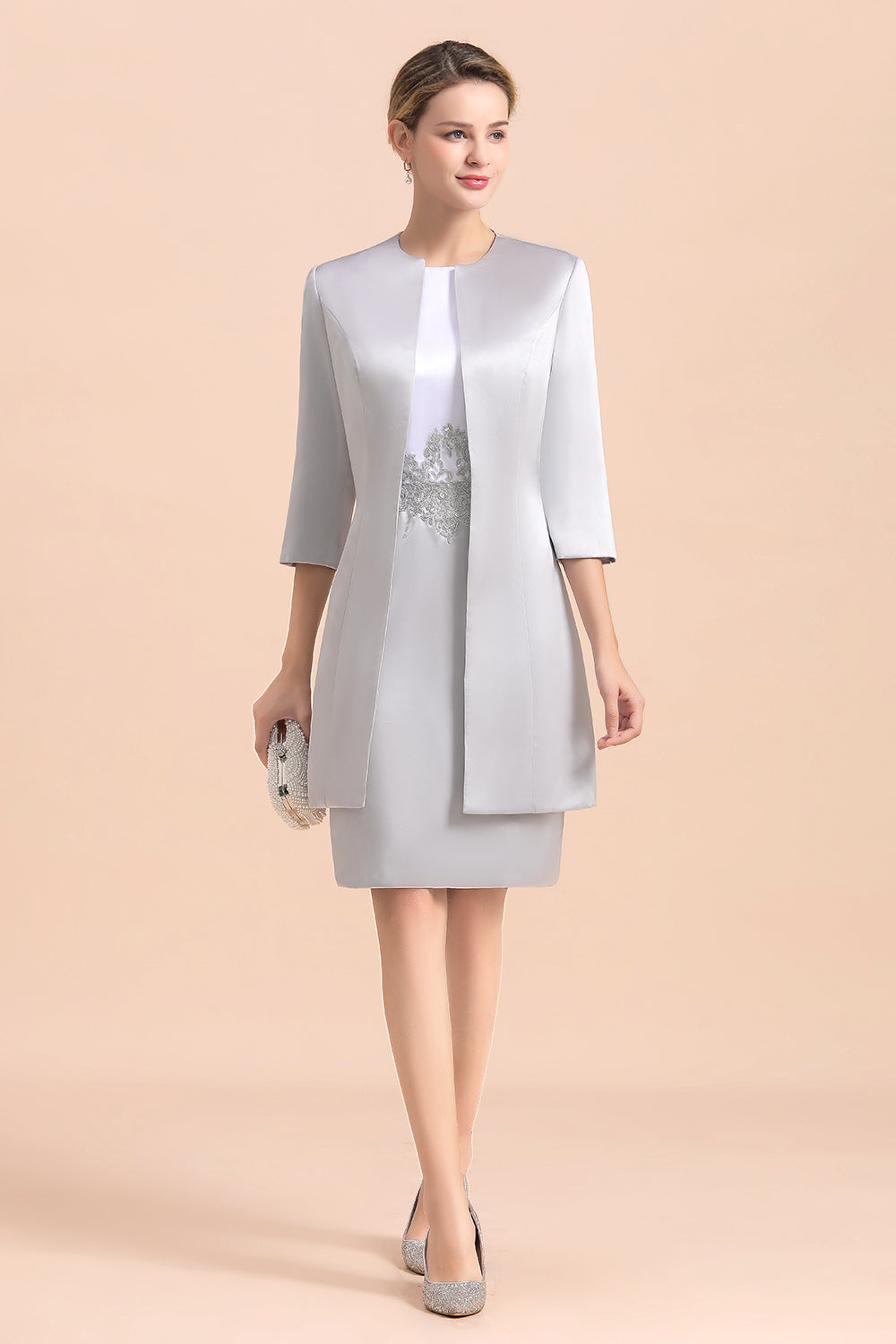 Elegantes silbernes kurzes Kleid für die Brautmutter, knielang, für Hochzeiten
