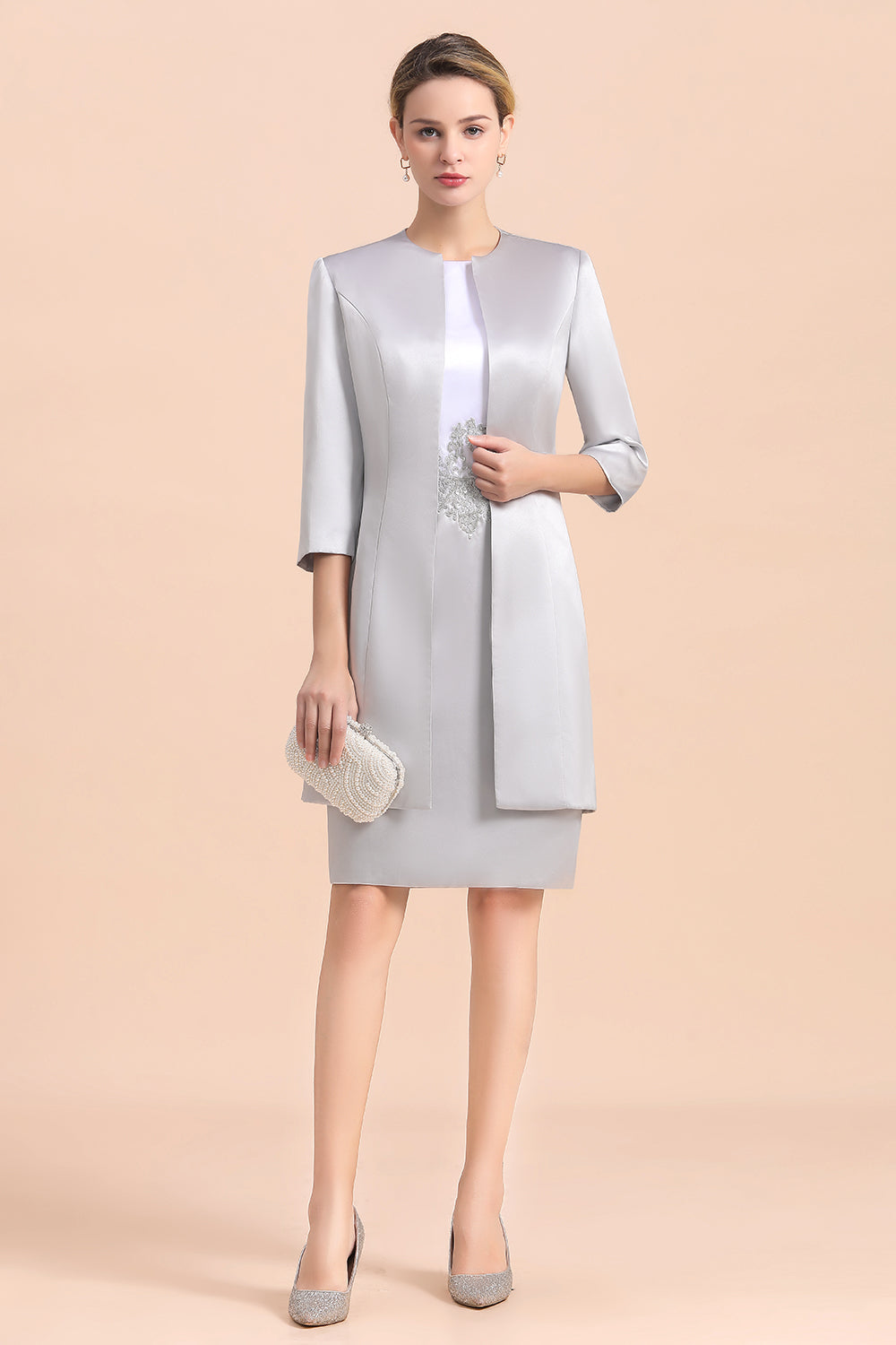 Elegante vestido corto plateado para madre de la novia, hasta la rodilla, para fiesta de bodas