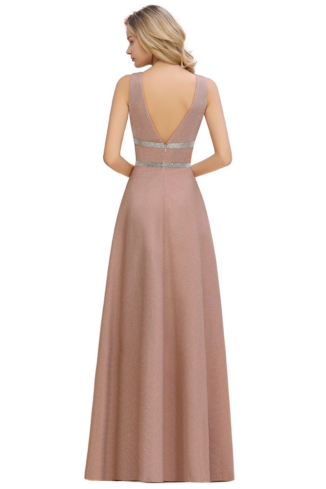 Elegante vestido de noche sin mangas Aline con vuelo y escote en V de seda brillante.