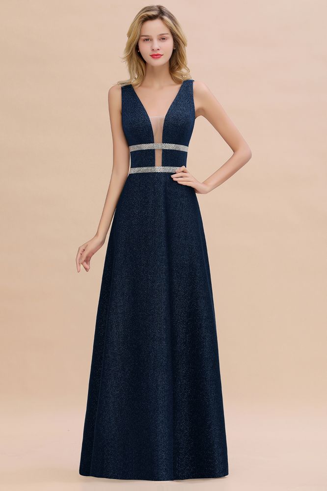 Elegante vestido de noche sin mangas Aline con vuelo y escote en V de seda brillante.