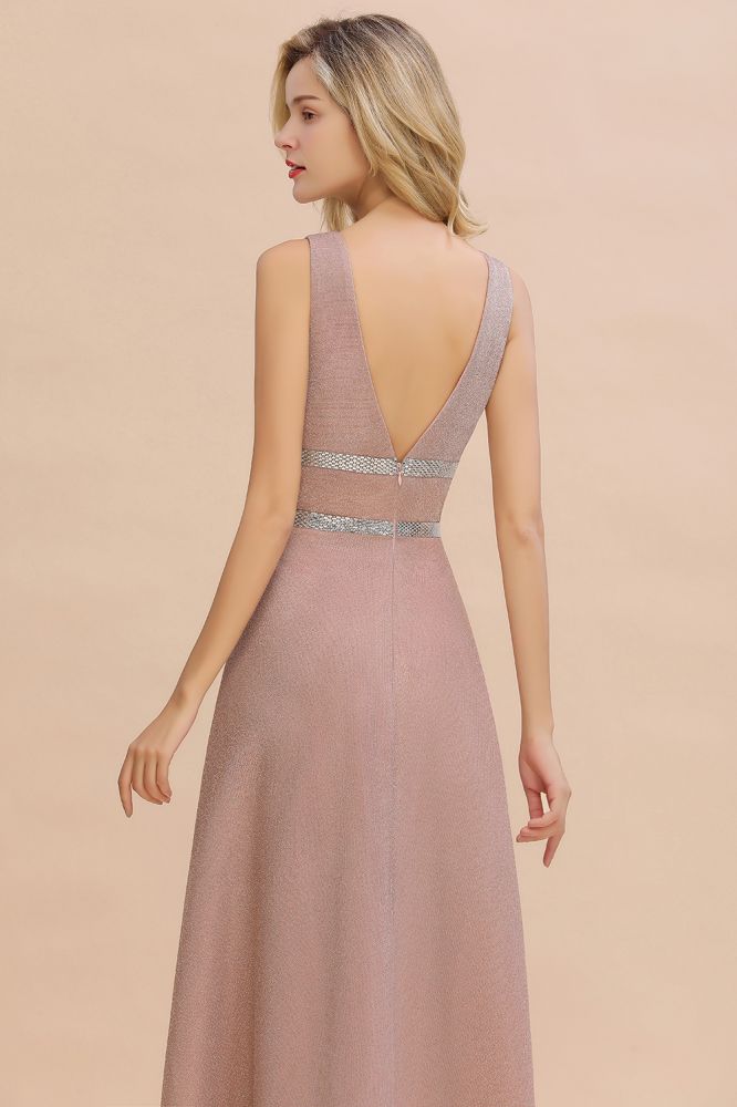Elegante vestido de noche sin mangas Aline con vuelo y escote en V de seda brillante.