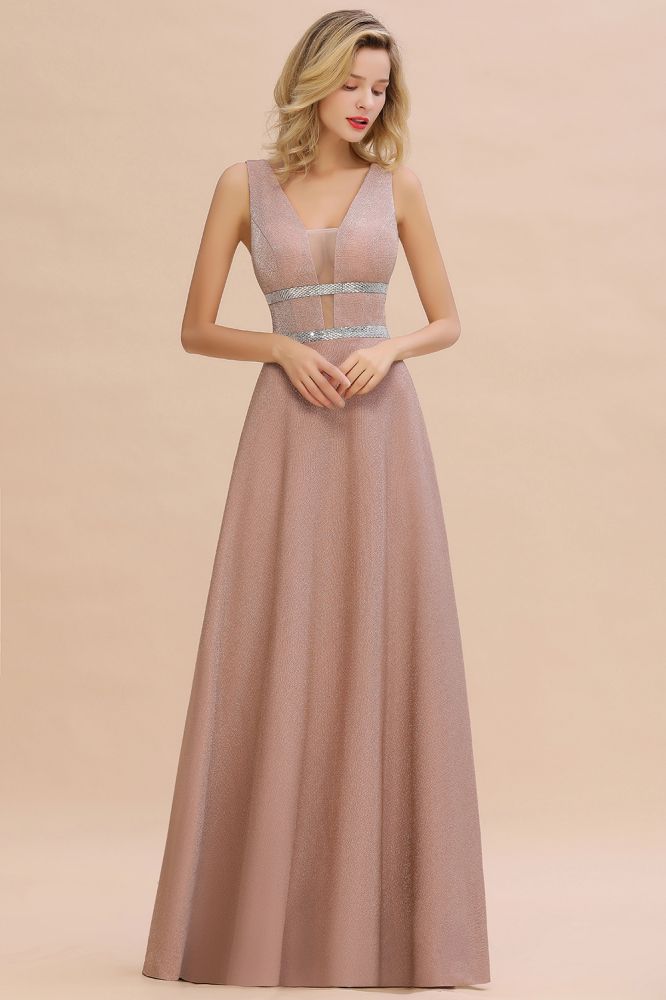 Elegante vestido de noche sin mangas Aline con vuelo y escote en V de seda brillante.