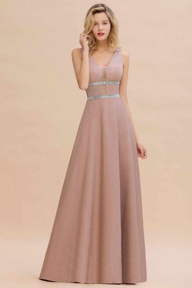 Elegante vestido de noche sin mangas Aline con vuelo y escote en V de seda brillante.