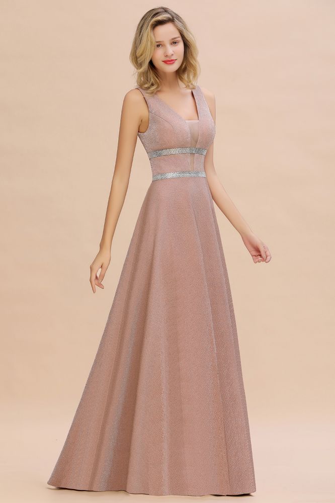 Elegante vestido de noche sin mangas Aline con vuelo y escote en V de seda brillante.