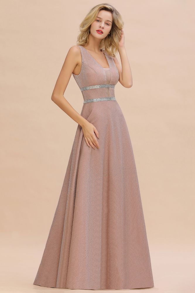 Elegante vestido de noche sin mangas Aline con vuelo y escote en V de seda brillante.