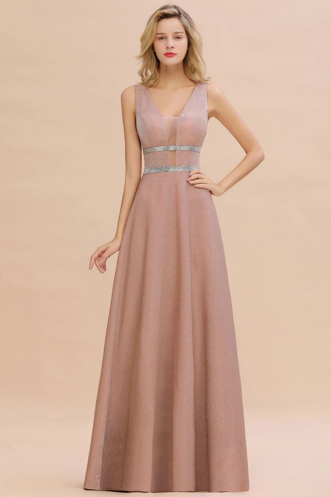 Elegante vestido de noche sin mangas Aline con vuelo y escote en V de seda brillante.