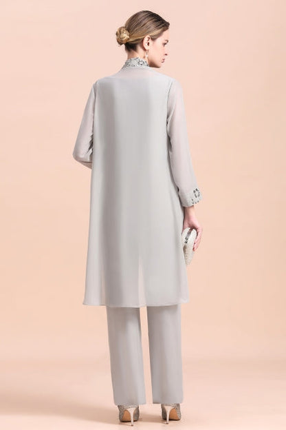 Elegant Sleeveless Appliques Silver Chiffon Mother of Bride Jumpsuit with Wrap