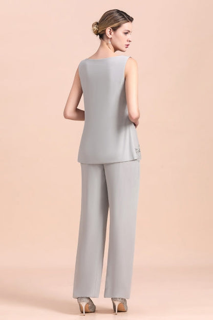Elegant Sleeveless Appliques Silver Chiffon Mother of Bride Jumpsuit with Wrap