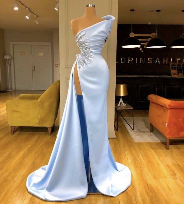 Elegantes vestidos de noche sin mangas azul cielo, vestidos de fiesta largos con abertura