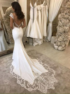 Elegante ärmellose Satin Elfenbein Spitze Meerjungfrau Brautkleider 