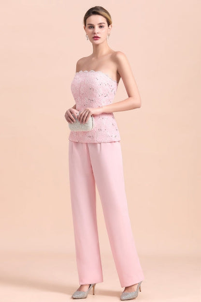 Elegant Strapless Appliques Mother of Bride Jumpsuit with Long Sleeves Wraps
