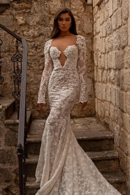 Elegant sweetheart longsleeves mermaid lace Wedding dresses