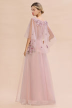 Elegante vestido de novia de tul con corte en A y flores, con mangas largas abullonadas y vestido de fiesta de noche.