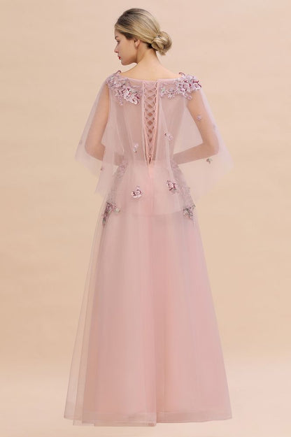 Elegante vestido de novia de tul con corte en A y flores, con mangas largas abullonadas y vestido de fiesta de noche.