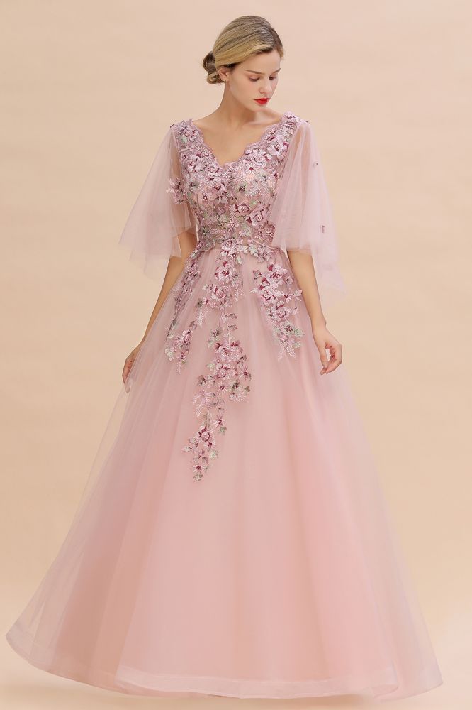 Elegante vestido de novia de tul con corte en A y flores, con mangas largas abullonadas y vestido de fiesta de noche.