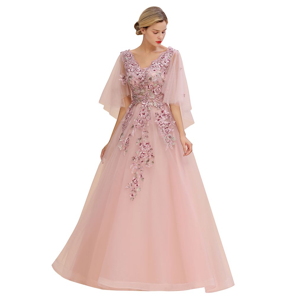 Elegante vestido de novia de tul con corte en A y flores, con mangas largas abullonadas y vestido de fiesta de noche.