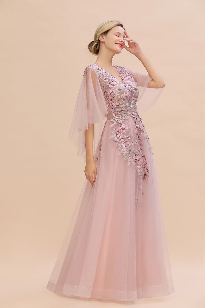 Elegante vestido de novia de tul con corte en A y flores, con mangas largas abullonadas y vestido de fiesta de noche.