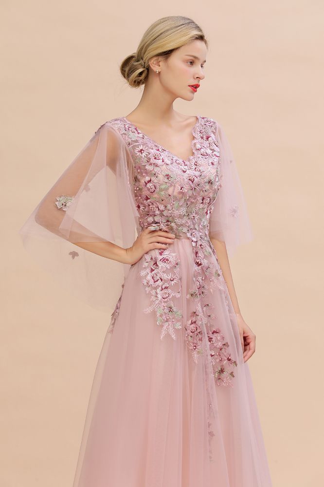 Elegante vestido de novia de tul con corte en A y flores, con mangas largas abullonadas y vestido de fiesta de noche.
