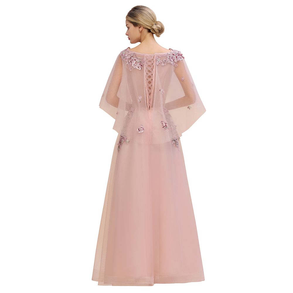 Elegante vestido de novia de tul con corte en A y flores, con mangas largas abullonadas y vestido de fiesta de noche.