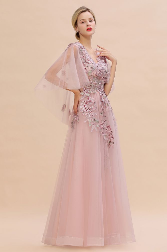Elegante vestido de novia de tul con corte en A y flores, con mangas largas abullonadas y vestido de fiesta de noche.