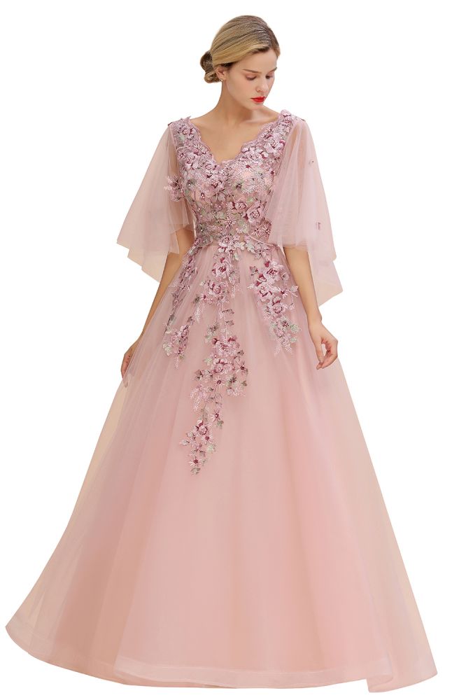 Elegante vestido de novia de tul con corte en A y flores, con mangas largas abullonadas y vestido de fiesta de noche.