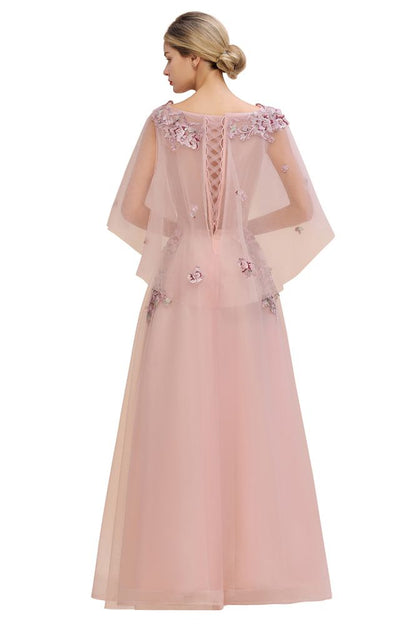 Elegante vestido de novia de tul con corte en A y flores, con mangas largas abullonadas y vestido de fiesta de noche.