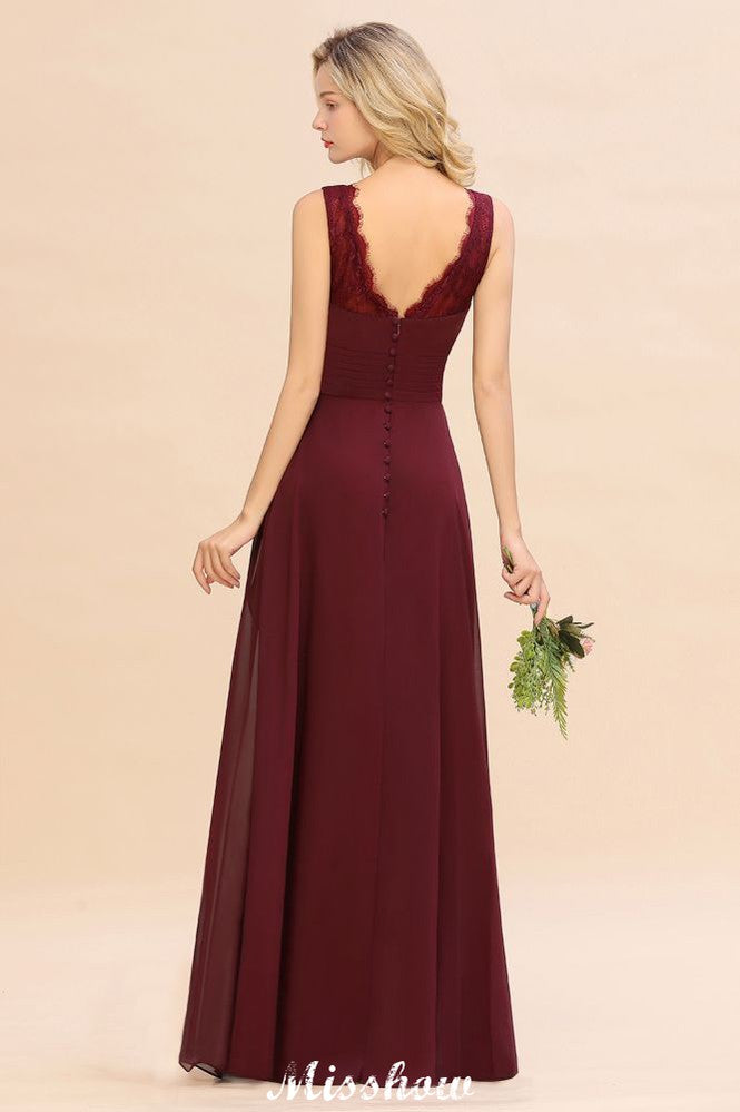 Elegante vestido de dama de honor con escote en V, corte A, color burdeos, de gasa, sin espalda, para fiesta