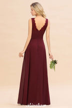 Elegante vestido de dama de honor con escote en V, corte A, color burdeos, de gasa, sin espalda, para fiesta