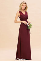 Elegante vestido de dama de honor con escote en V, corte A, color burdeos, de gasa, sin espalda, para fiesta