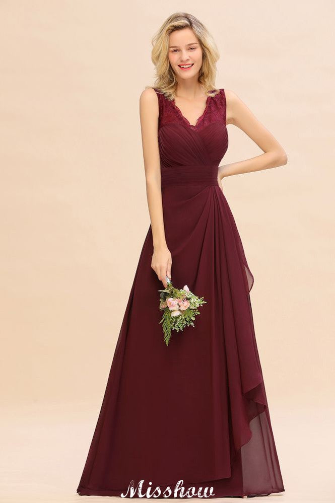 Elegante vestido de dama de honor con escote en V, corte A, color burdeos, de gasa, sin espalda, para fiesta