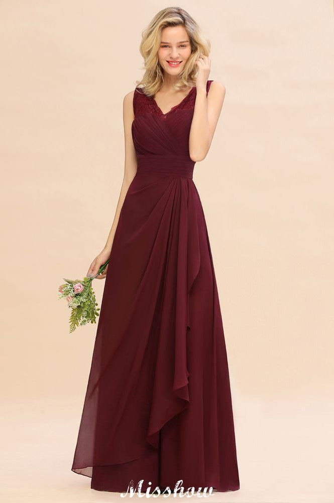 Elegante vestido de dama de honor con escote en V, corte A, color burdeos, de gasa, sin espalda, para fiesta