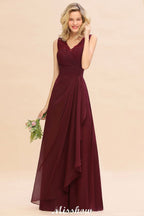 Elegante vestido de dama de honor con escote en V, corte A, color burdeos, de gasa, sin espalda, para fiesta