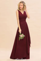 Elegante vestido de dama de honor con escote en V, corte A, color burdeos, de gasa, sin espalda, para fiesta