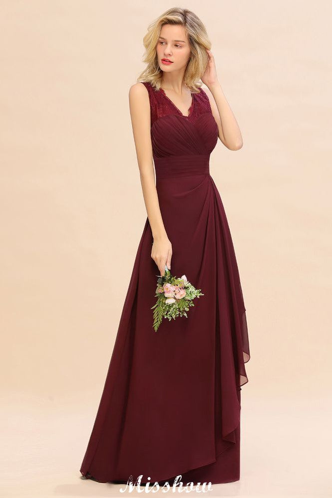 Elegante vestido de dama de honor con escote en V, corte A, color burdeos, de gasa, sin espalda, para fiesta