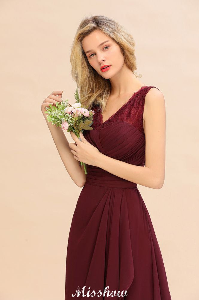 Elegante vestido de dama de honor con escote en V, corte A, color burdeos, de gasa, sin espalda, para fiesta