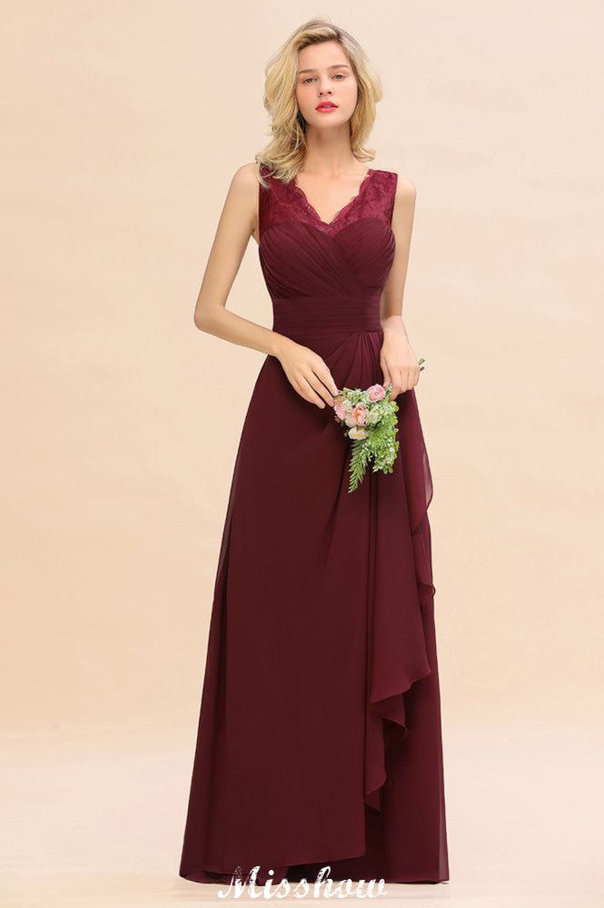 Elegante vestido de dama de honor con escote en V, corte A, color burdeos, de gasa, sin espalda, para fiesta
