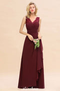 Elegante vestido de dama de honor con escote en V, corte A, color burdeos, de gasa, sin espalda, para fiesta