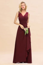 Elegante vestido de dama de honor con escote en V, corte A, color burdeos, de gasa, sin espalda, para fiesta